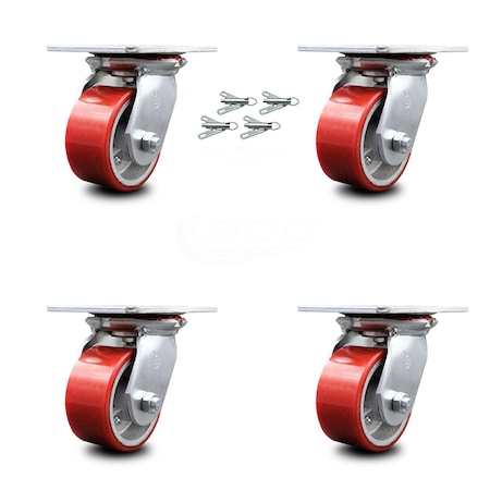 Service Caster 4 Inch Red Poly on Cast Iron Caster Set with Roller Bearings and Swivel Locks SCC-35S420-PUR-RS-BSL-4